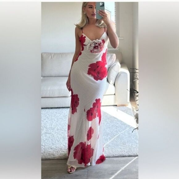 NWT Zara FLORAL PRINT LONG DRESS Polka Dot White And Red Flower - Picture 5 of 16